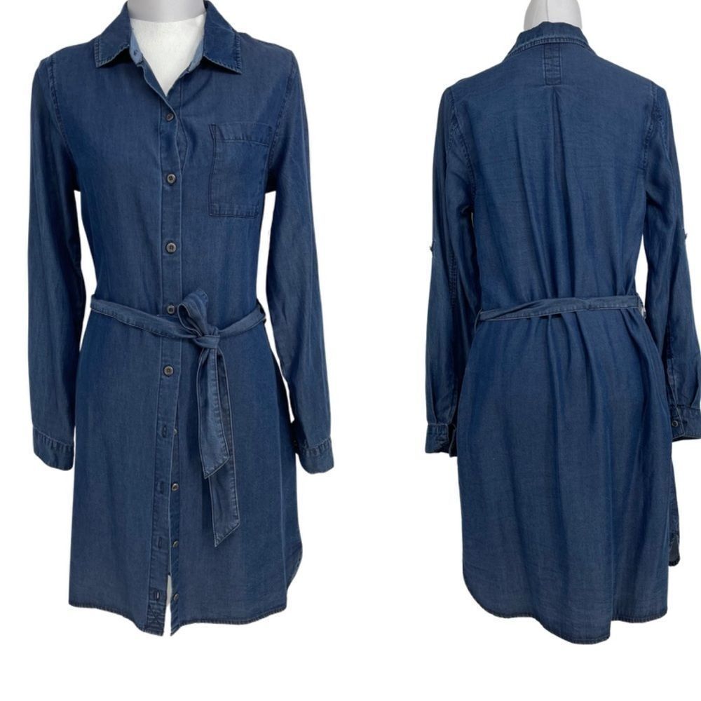 Kenneth Cole Reaction dark wash button front belted denim top